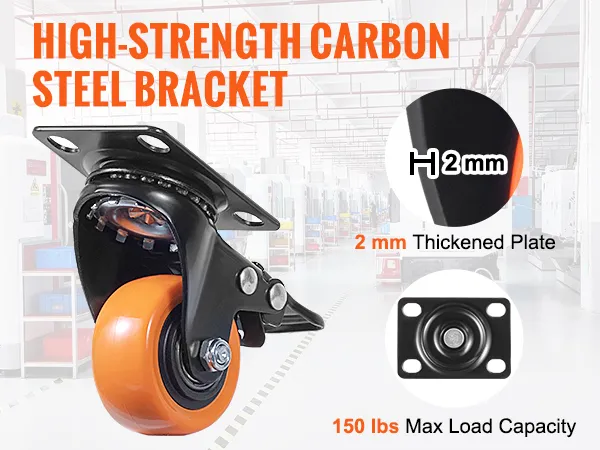 VEVOR caster wheels with high-strength carbon steel bracket, 2mm thick plate, 150 lbs load capacity.