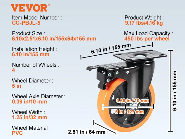 VEVOR caster wheels, model cc-pbjl-5, 5-inch diameter, 450 lbs load capacity, pvc material, set of 4.