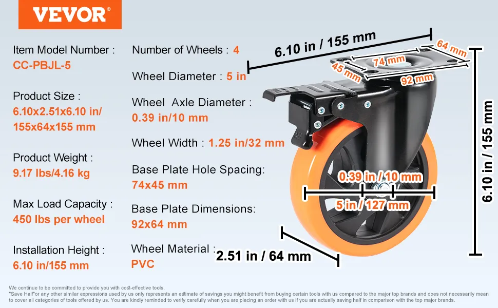 VEVOR Caster Wheels, 5-inch Swivel Plate Casters, Set of 4, with ...