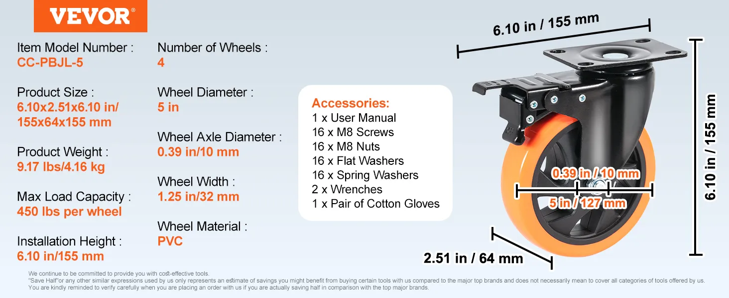 VEVOR caster wheels, model cc-pbjl-5, 5-inch diameter, 450 lbs load capacity, pvc material, set of 4.