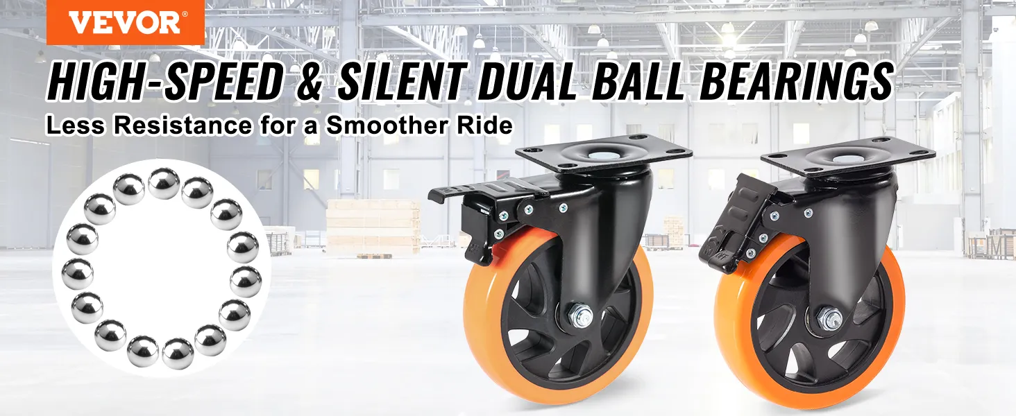 VEVOR caster wheels with high-speed silent dual ball bearings for smooth performance in a warehouse.