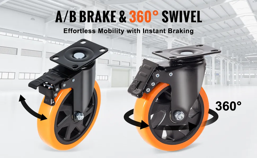 VEVOR Caster Wheels, 5-inch Swivel Plate Casters, Set of 4, with Security A/B Locking No Noise PVC Wheels, Heavy Duty 450 lbs Load Capacity Per Caster, Non-Marking Wheels for Cart Furniture Workbench