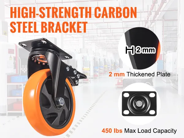 VEVOR caster wheels: high-strength carbon steel bracket, 2mm thickened plate, 450 lbs max load capacity.