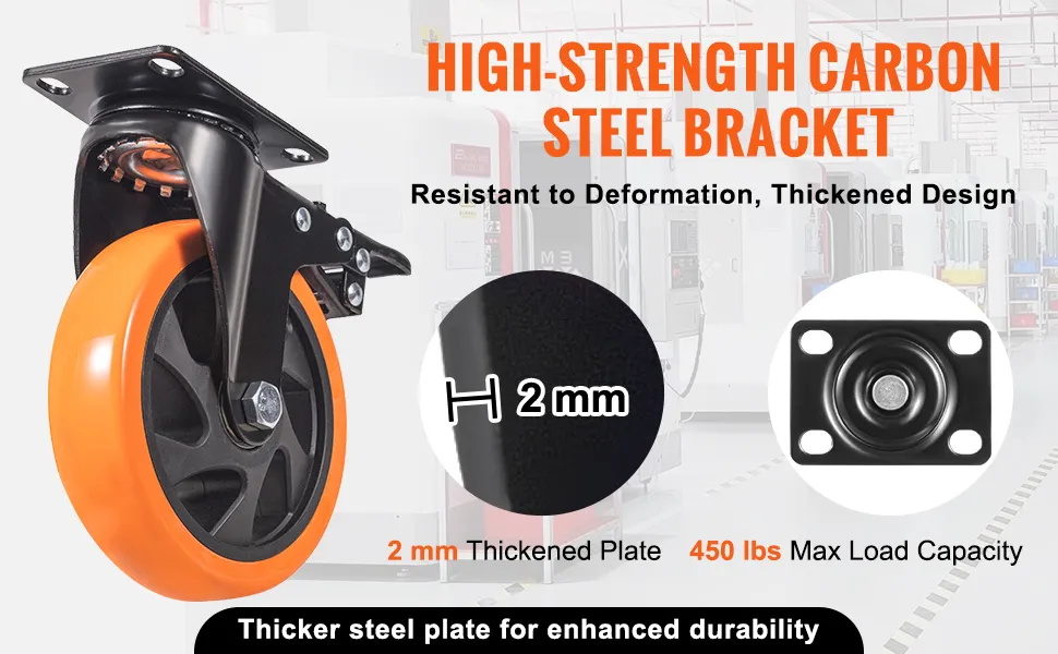 VEVOR Caster Wheels, 5-inch Swivel Plate Casters, Set of 4, with Security A/B Locking No Noise PVC Wheels, Heavy Duty 450 lbs Load Capacity Per Caster, Non-Marking Wheels for Cart Furniture Workbench