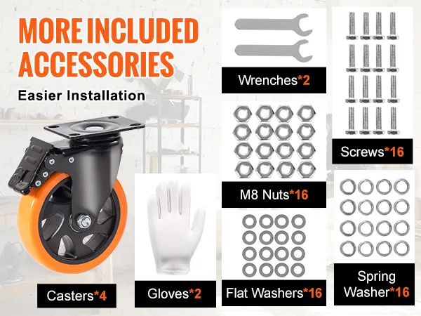 VEVOR caster wheels kit with casters, gloves, m8 nuts, screws, flat washers, wrenches, and spring washers.