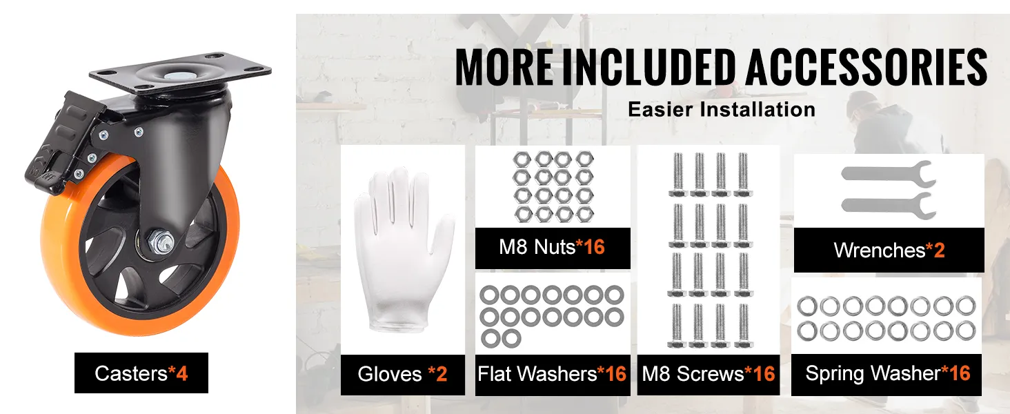 VEVOR caster wheels kit with casters, gloves, m8 nuts, screws, flat washers, wrenches, and spring washers.