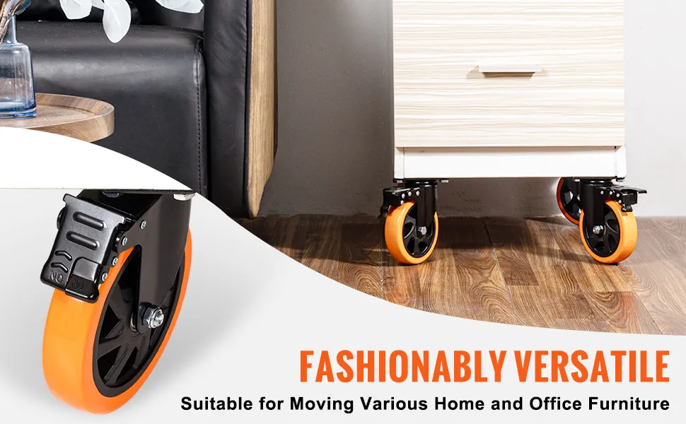 VEVOR Caster Wheels, 5-inch Swivel Plate Casters, Set of 4, with Security A/B Locking No Noise PVC Wheels, Heavy Duty 450 lbs Load Capacity Per Caster, Non-Marking Wheels for Cart Furniture Workbench