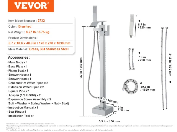 VEVOR freestanding bathtub faucet with brushed finish, measuring 37in/940mm tall, includes accessories.