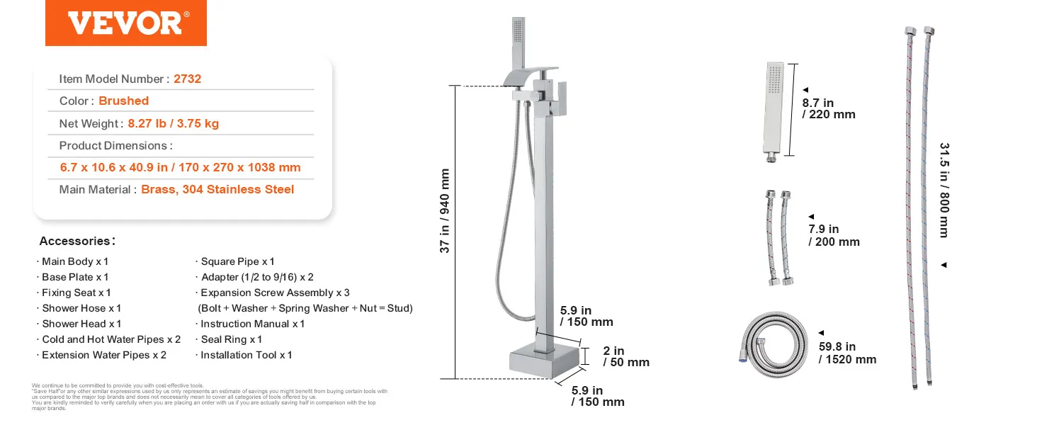 VEVOR freestanding bathtub faucet with brushed finish, measuring 37in/940mm tall, includes accessories.