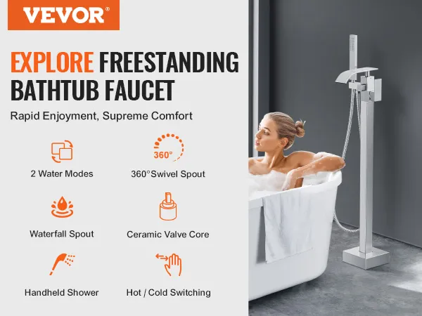 VEVOR freestanding bathtub faucet offers 2 water modes, 360° swivel, and handheld shower for luxury.