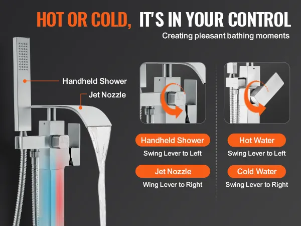 VEVOR freestanding bathtub faucet with handheld shower and hot/cold water adjustable jet nozzle.