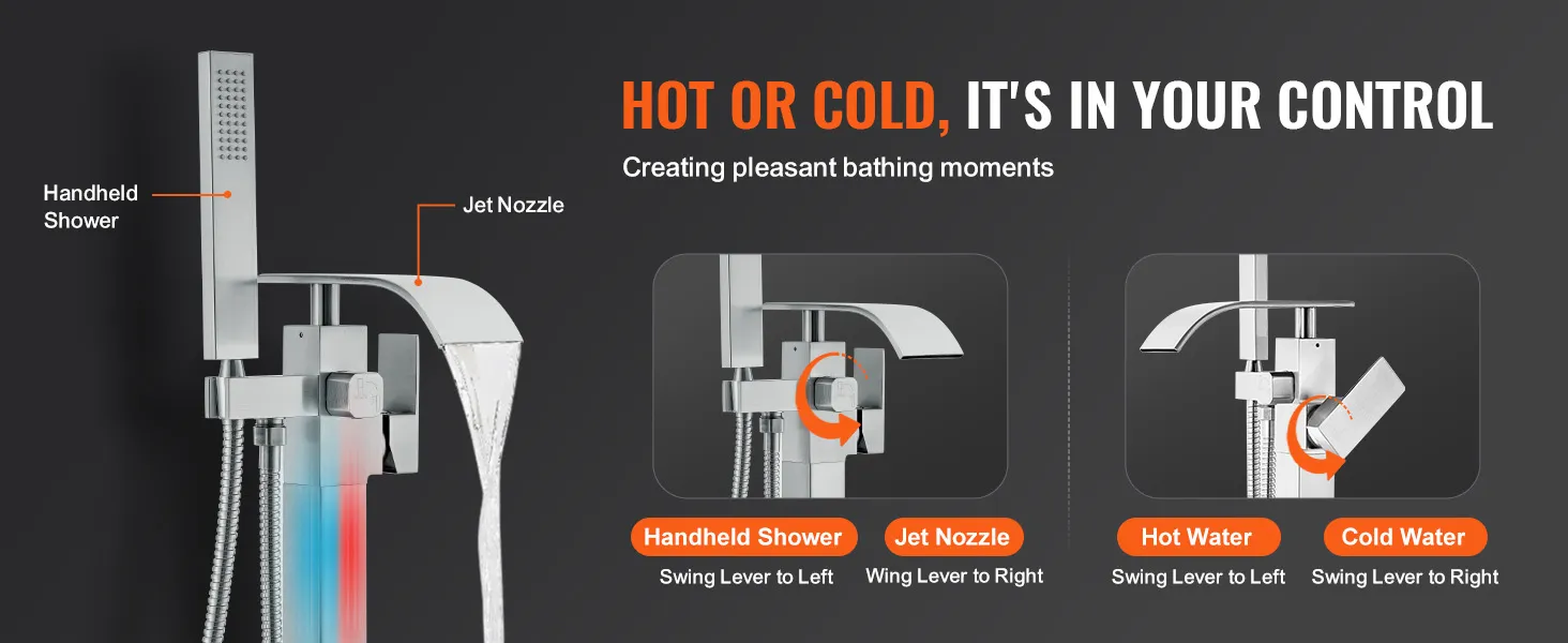 VEVOR freestanding bathtub faucet with handheld shower and hot/cold water adjustable jet nozzle.