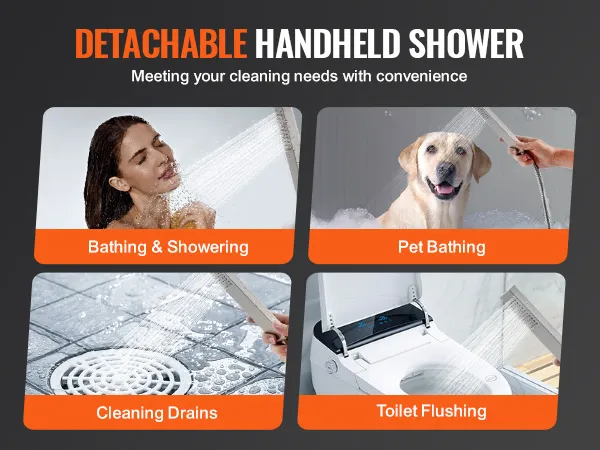 detachable handheld shower for bathing, pet bathing, cleaning drains, toilet flushing. VEVOR freestanding bathtub faucet.