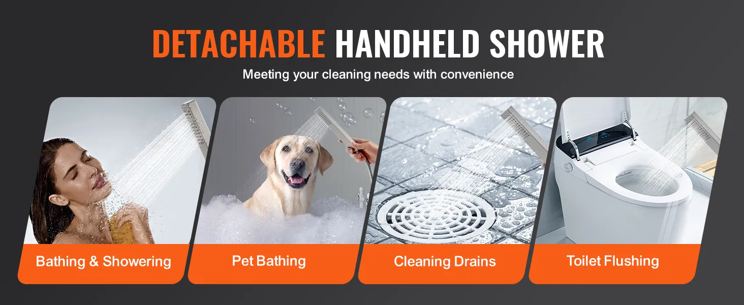 detachable handheld shower for bathing, pet bathing, cleaning drains, toilet flushing. VEVOR freestanding bathtub faucet.