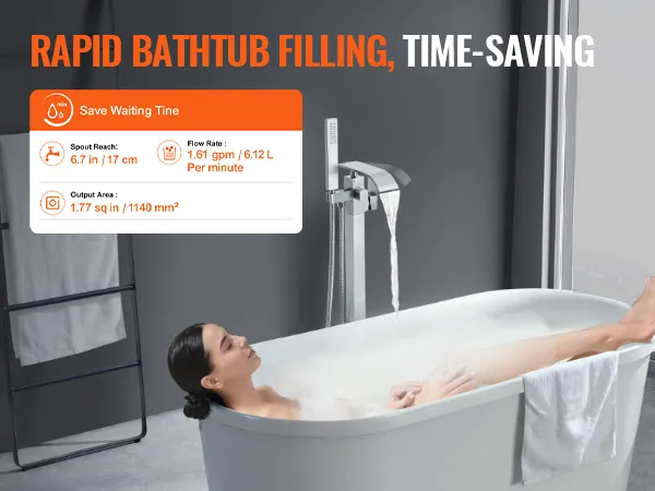 VEVOR freestanding bathtub faucet showcasing rapid bathtub filling, time-saving benefits, and dimensions.
