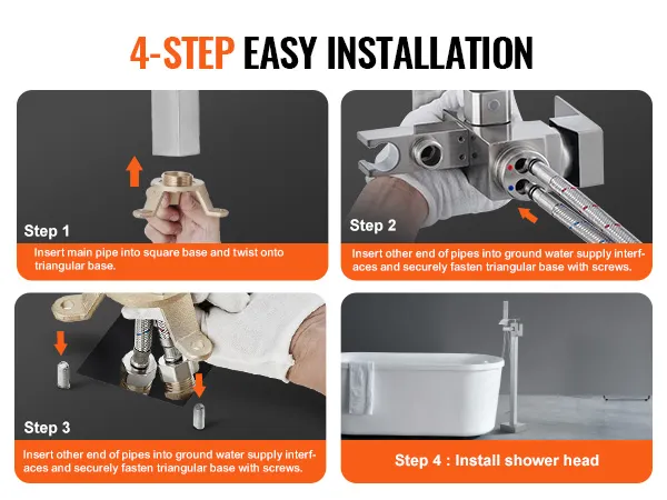 4-step guide for easy VEVOR freestanding bathtub faucet installation detailed in images and instructions.