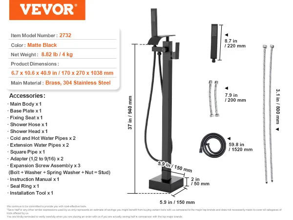 VEVOR freestanding bathtub faucet in matte black with dimensions and included accessories details.