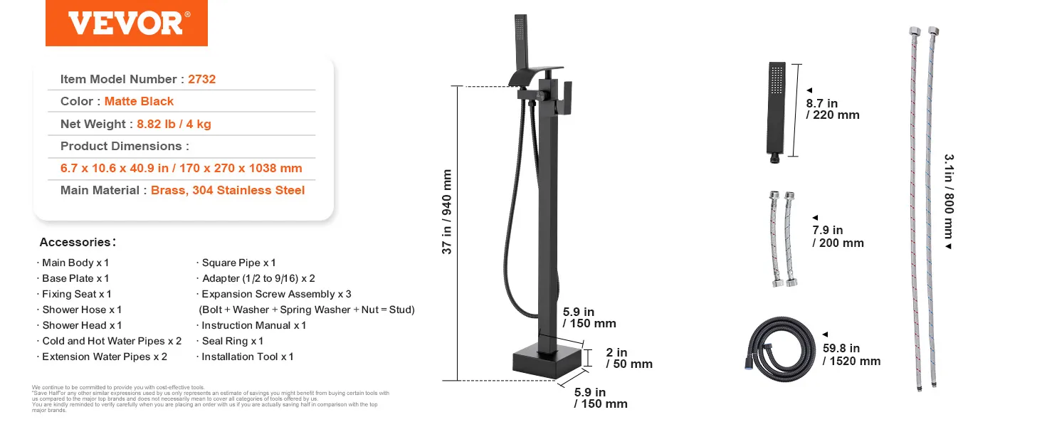 VEVOR freestanding bathtub faucet in matte black with dimensions and included accessories details.