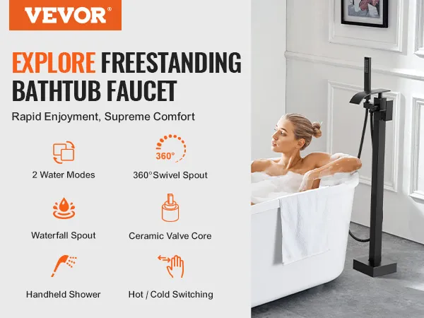VEVOR freestanding bathtub faucet with waterfall spout, handheld shower, and 360° swivel spout.