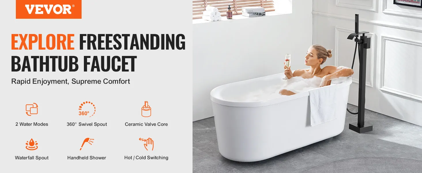 VEVOR freestanding bathtub faucet with waterfall spout, handheld shower, and 360° swivel spout.