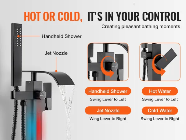VEVOR freestanding bathtub faucet with handheld shower and jet nozzle, temperature control.