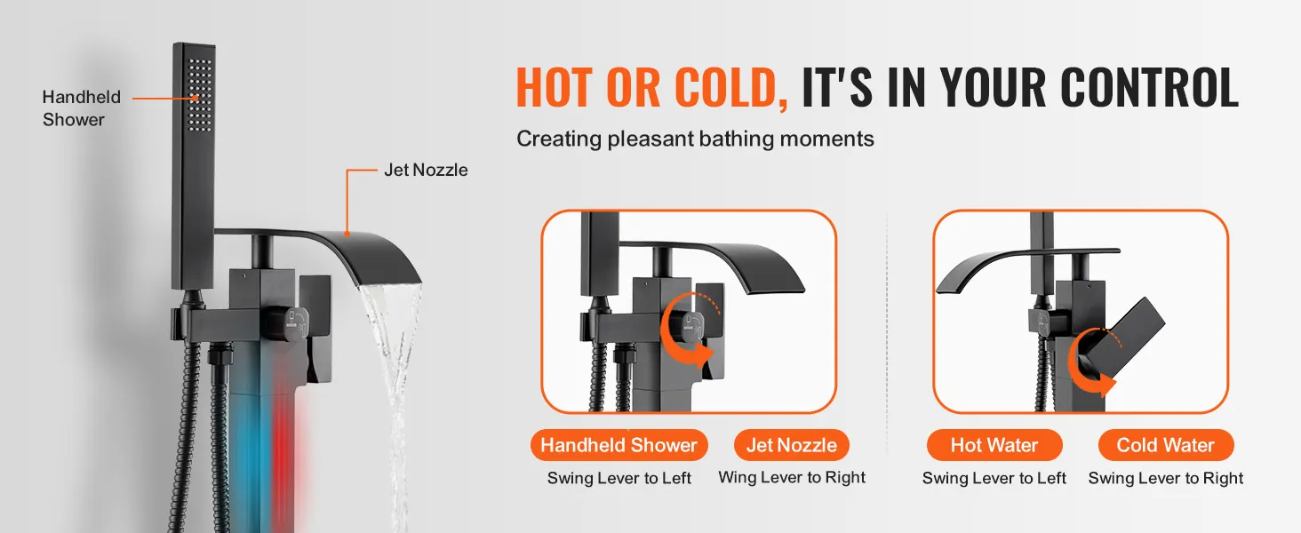 VEVOR freestanding bathtub faucet with handheld shower and jet nozzle, temperature control.