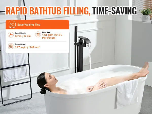 VEVOR freestanding bathtub faucet rapidly fills a white bathtub, featuring sleek black design and elegant finish.