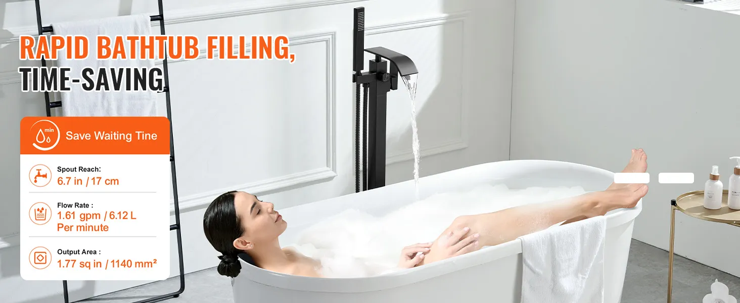 VEVOR freestanding bathtub faucet rapidly fills a white bathtub, featuring sleek black design and elegant finish.