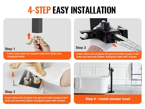 4-step easy installation guide for VEVOR freestanding bathtub faucet, final step showing installed faucet.