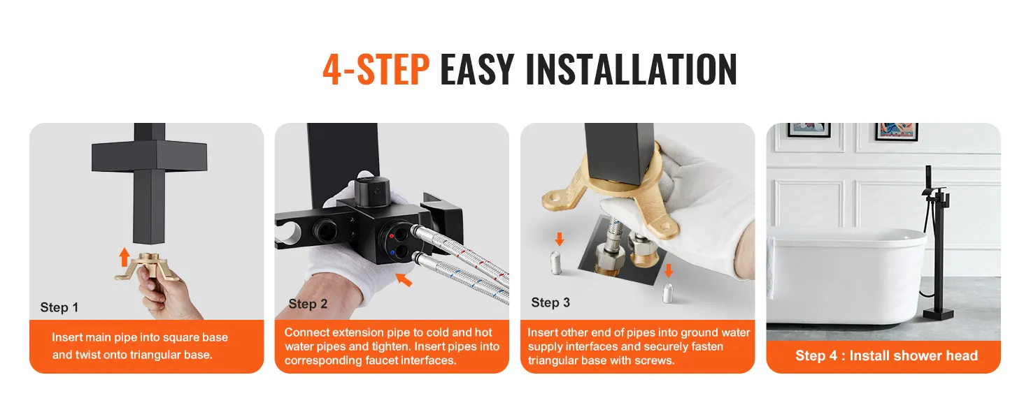 4-step easy installation guide for VEVOR freestanding bathtub faucet, final step showing installed faucet.