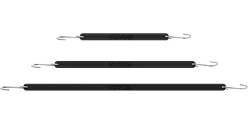 Cuerdas elásticas de caucho VEVOR negras en tres longitudes diferentes con ganchos de metal sobre fondo blanco.