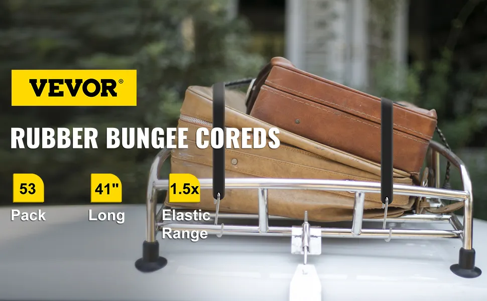 VEVOR rubber bungee cords securing luggage on a car rack, 53 pack, 41" long, 1.5x elastic range.