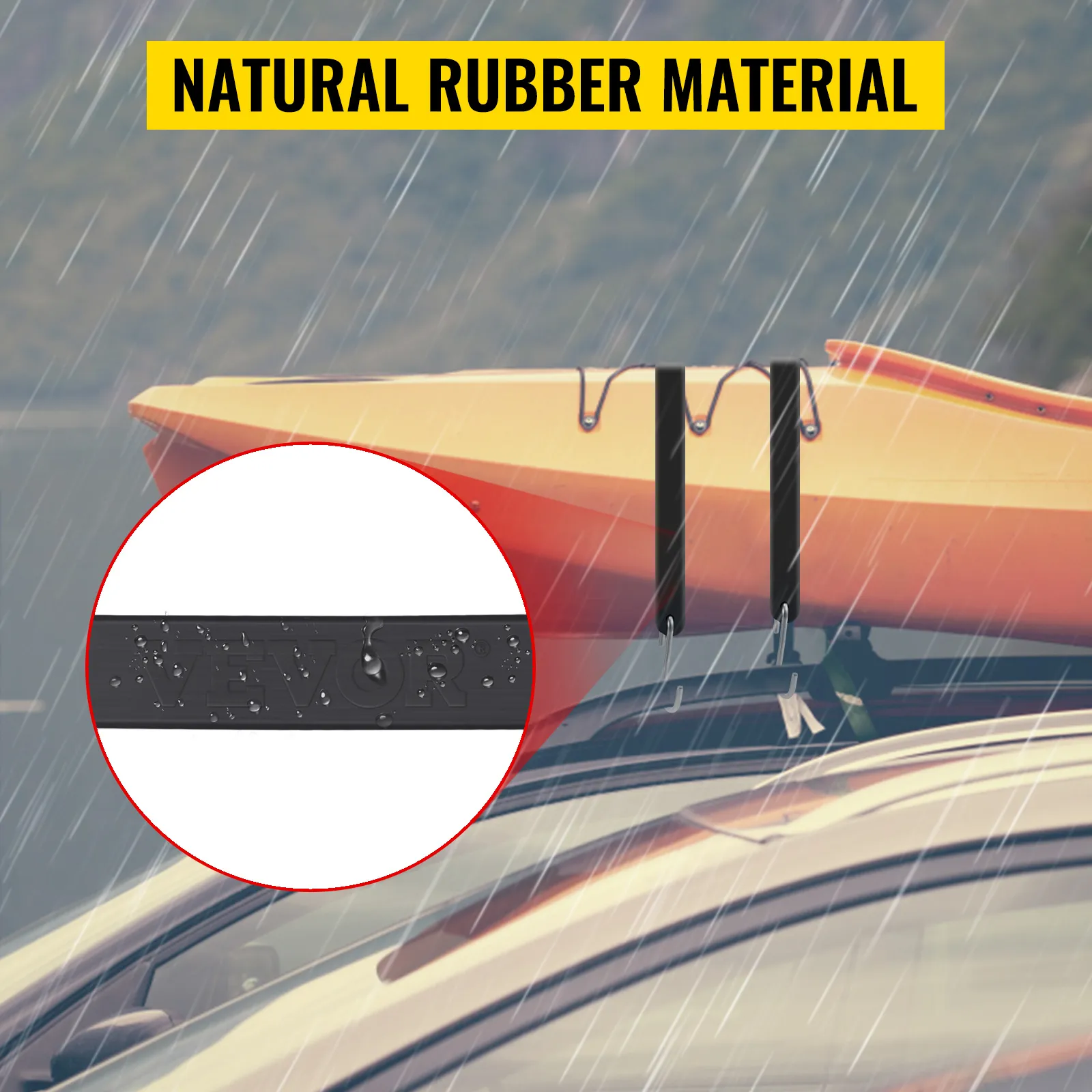 VEVOR rubber bungee cords securing a kayak on a car roof in the rain, with close-up on natural rubber.