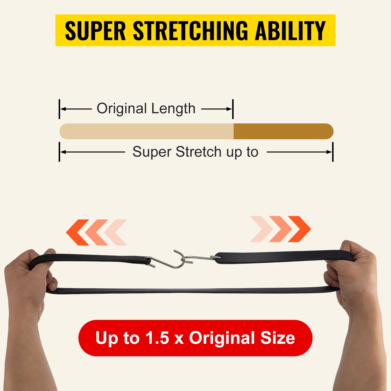 VEVOR rubber bungee cords stretching up to 1.5x their original length, showcasing super stretching ability.