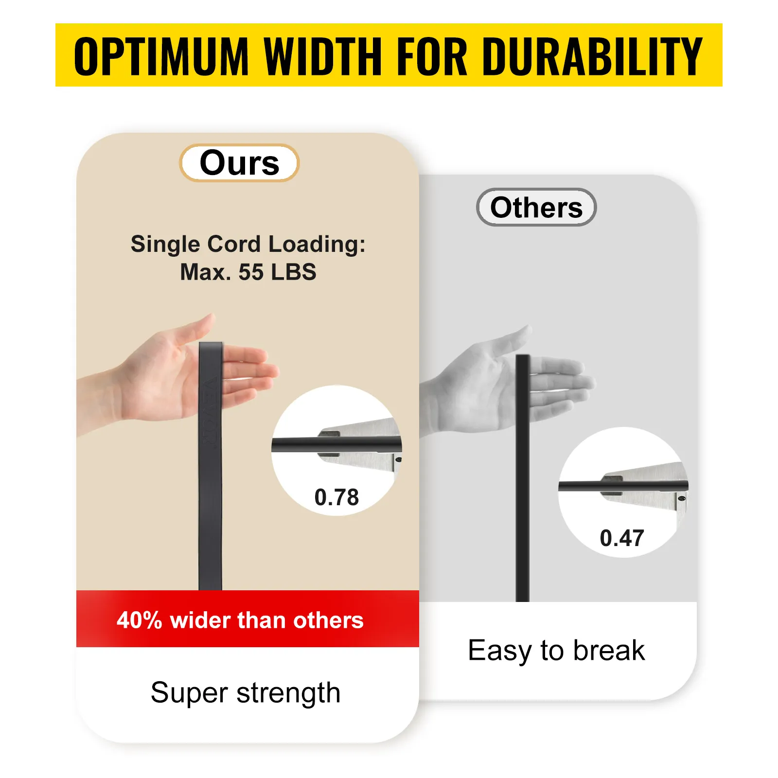 VEVOR rubber bungee cords: 40% wider for super strength, loading up to 55 lbs vs other weaker cords.