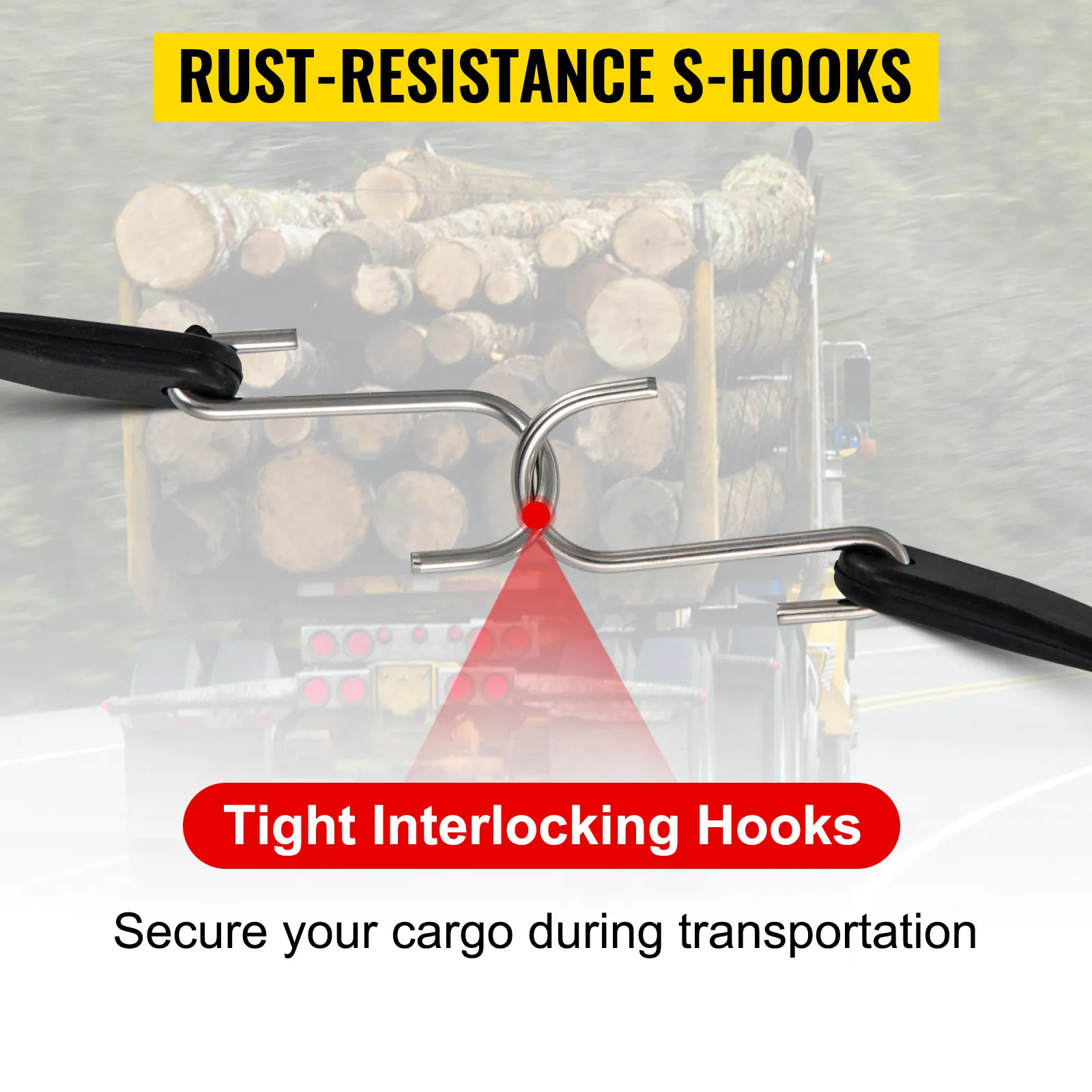tight interlocking hooks of VEVOR rubber bungee cords securing cargo on a truck with rust-resistant s-hooks.