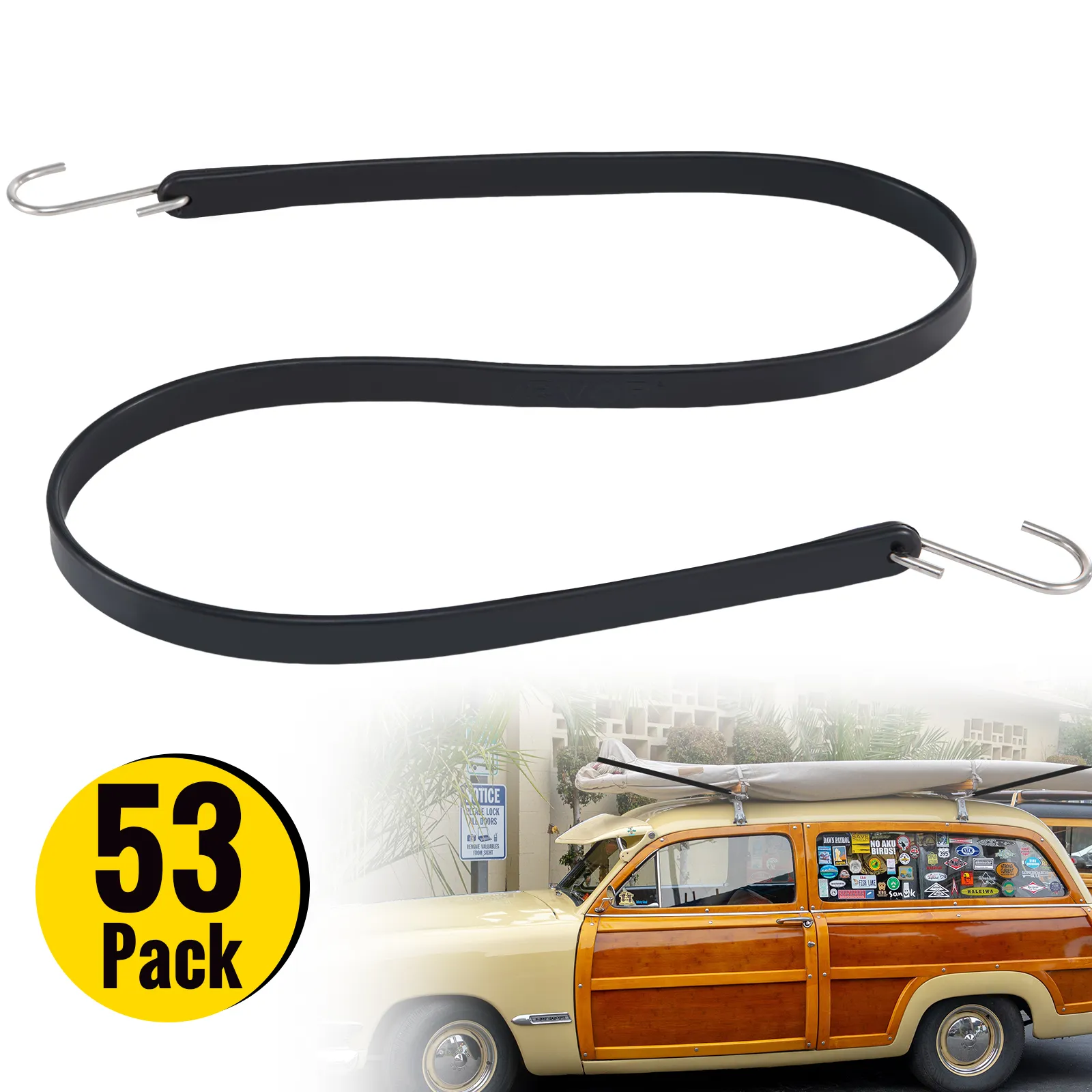 VEVOR rubber bungee cords, 53-pack, with metal hooks securing items on a vintage station wagon.