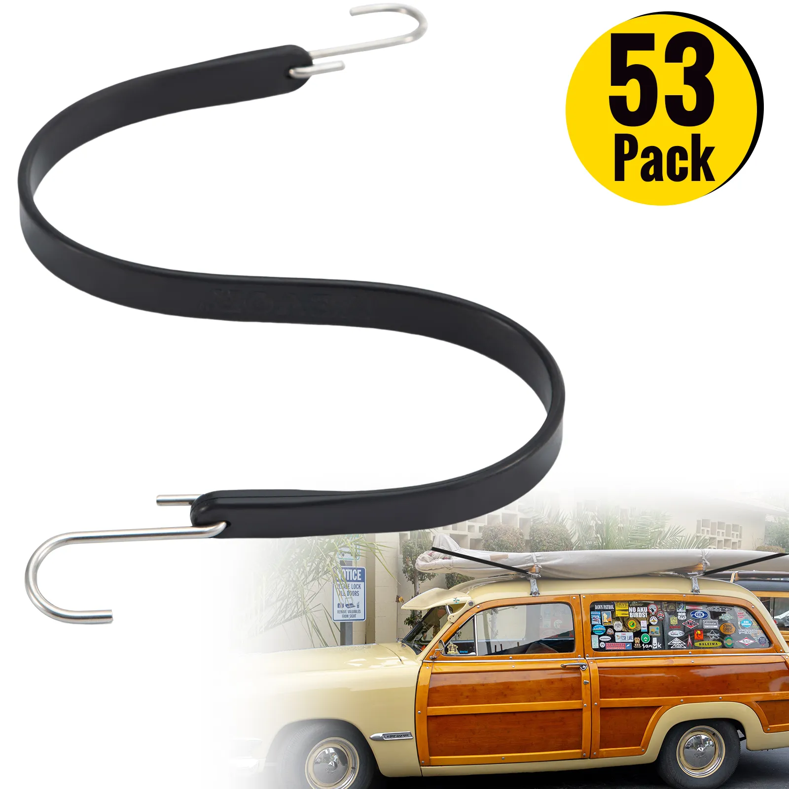 VEVOR rubber bungee cords, 53 pack with metal hooks, securing luggage on a classic wooden car.