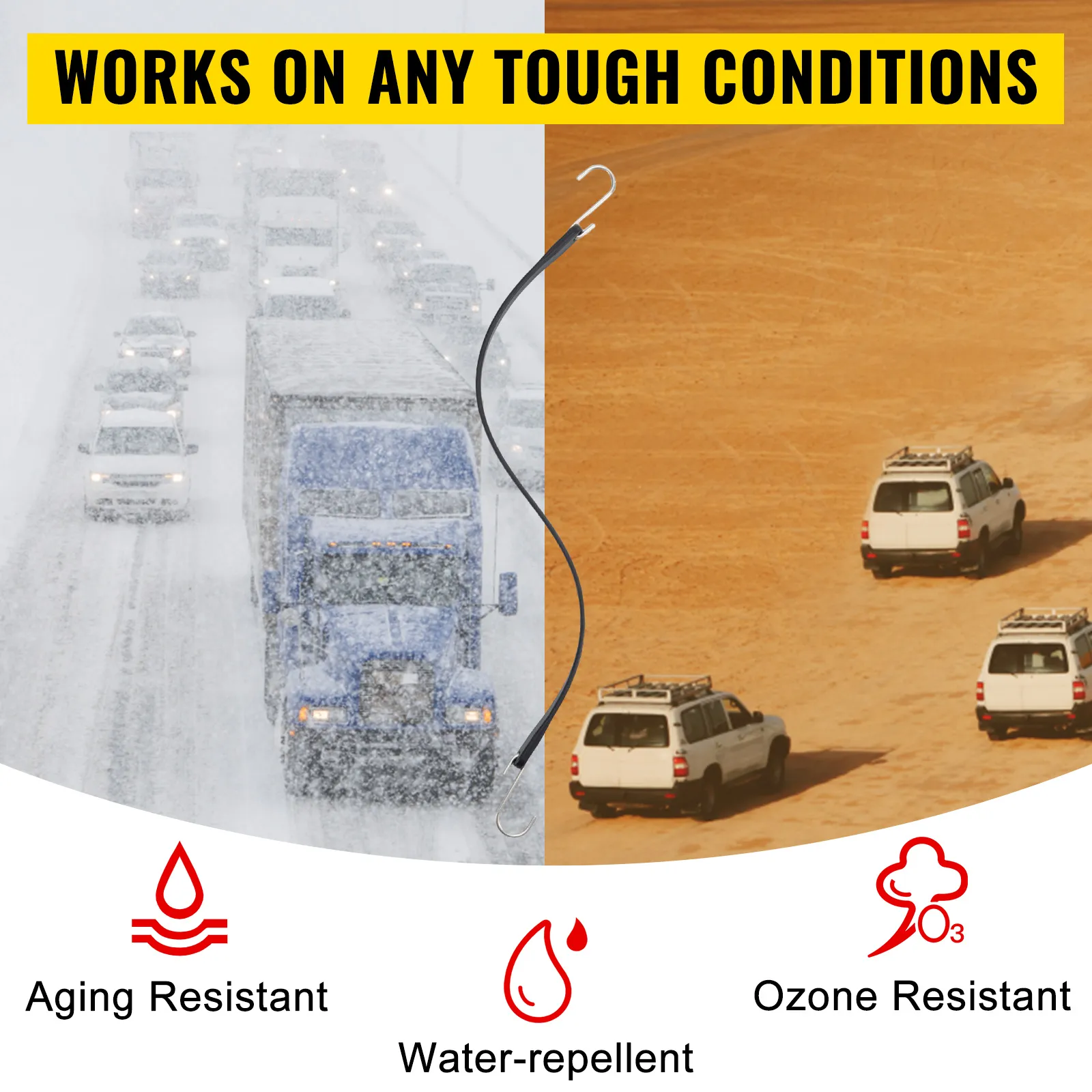 VEVOR rubber bungee cords working in snowy and desert conditions; aging, water, and ozone resistant.