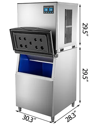 VEVOR slice ice machine with dimensions 30.3"x28.3"x29.5", stainless steel finish.