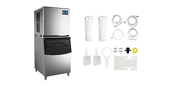 VEVOR slice ice machine with accessories, including water filters and ice scoops.