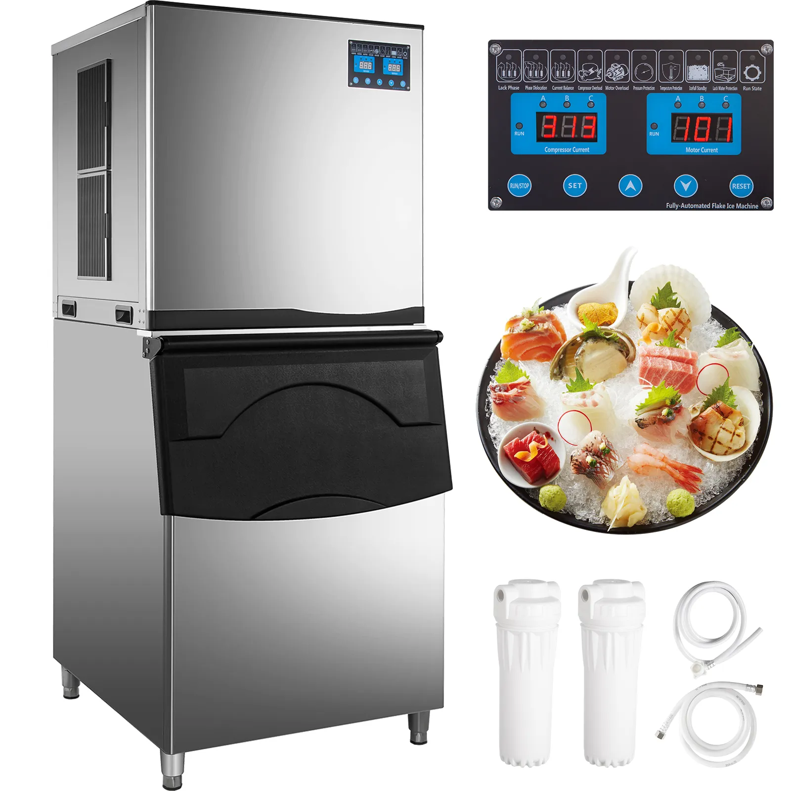 VEVOR slice ice machine with control panel, sushi plate, water filters, and hoses.