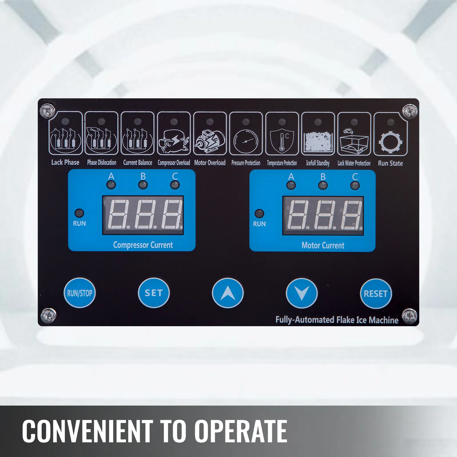 control panel of VEVOR slice ice machine with digital displays and operational buttons.