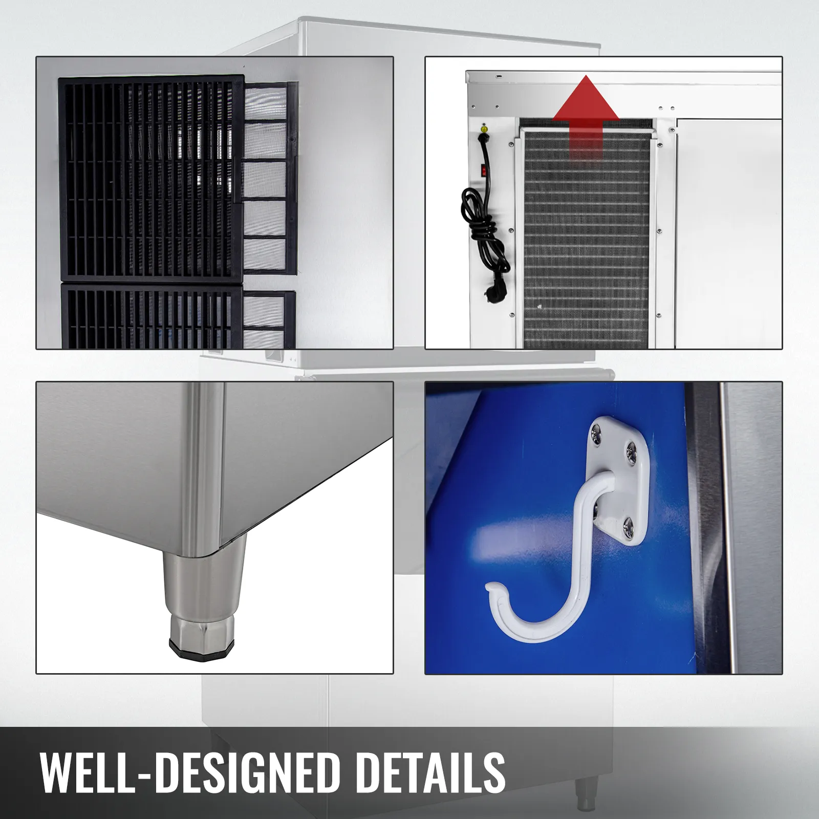 VEVOR slice ice machine features hook, filter, and sturdy foot details.