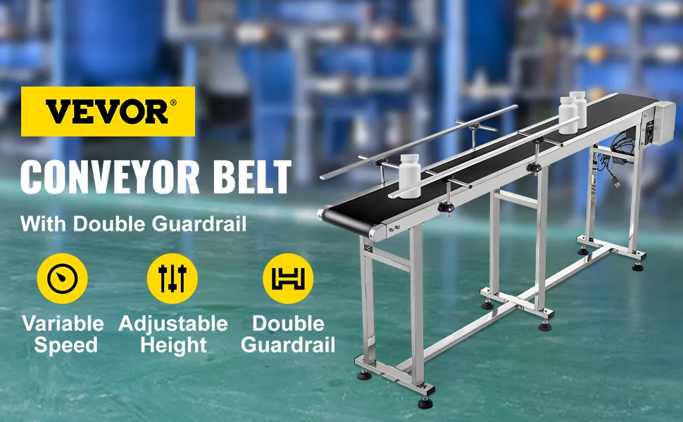 VEVOR belt conveyor with double guardrail, variable speed, and adjustable height.