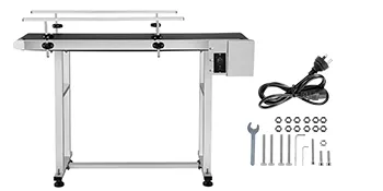 VEVOR belt conveyor with assembly tools and power cable.