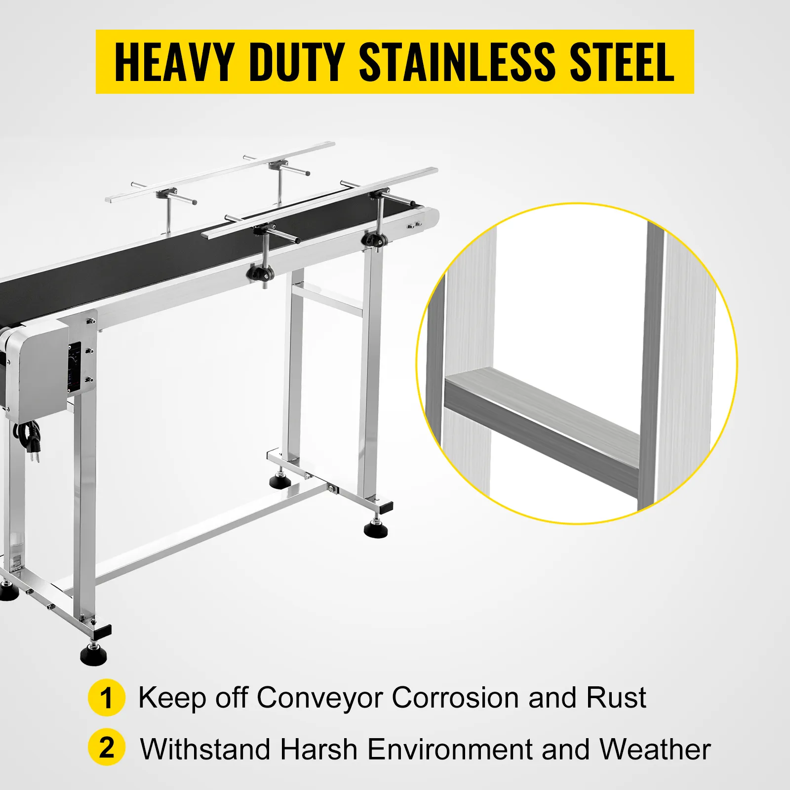 VEVOR belt conveyor in heavy-duty stainless steel, resistant to corrosion and harsh weather.