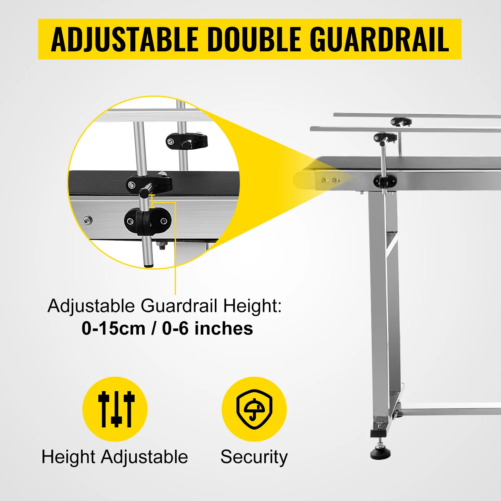 adjustable double guardrail, VEVOR belt conveyor with height range 0-15cm or 0-6 inches.