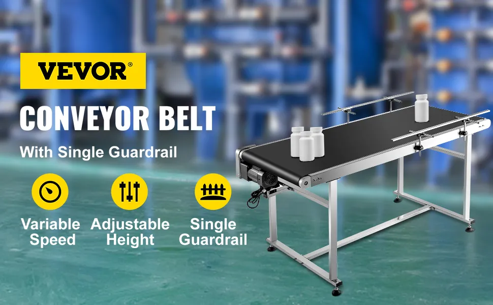 VEVOR motorized conveyor belt with single guardrail, adjustable height, and variable speed.