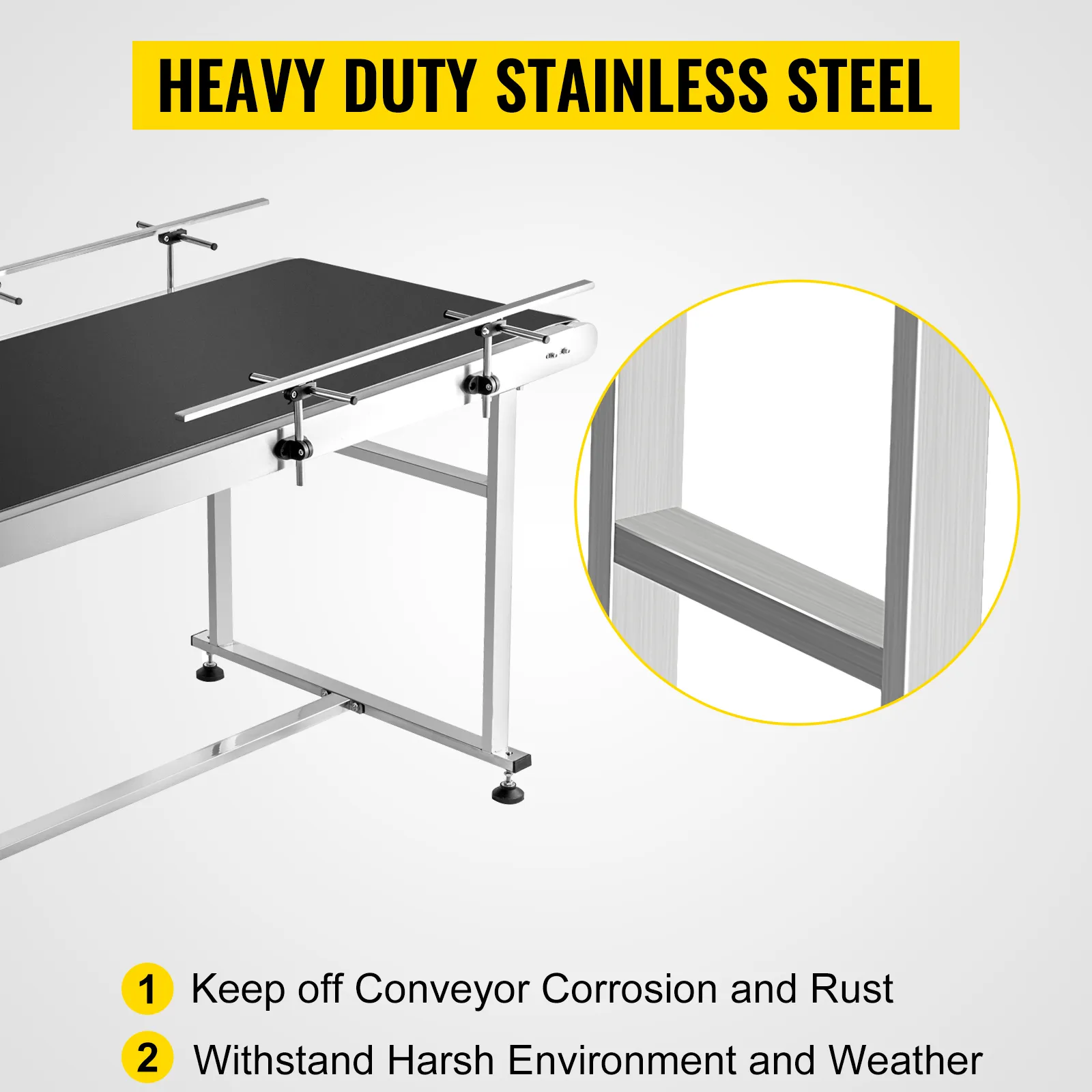 VEVOR motorized conveyor with a heavy-duty stainless steel frame and corrosion-resistant features.